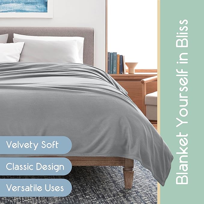 Twin Size Microfleece Blanket | Fleece Bed Blanket | All-Season Comfort | Supersoft Lightweight | Plush Throw Blanket for Bed Couch or Sofa | Pet-Friendly | Light Grey