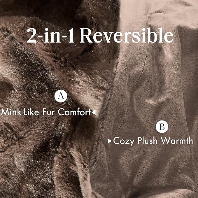 Madison Park Queen Size Ultra-Soft Poly Fur Blanket Queen Size, Reversible Plush, All Season & Lightweight Queen Fuzzy Blanket for Bed, Couch & Sofa, Zuri, Full/Queen Brown