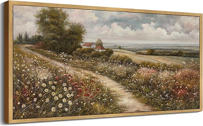 SHENIFY Vintage Landscape Framed Wall Art Rustic Countryside Wildflower Field Farmhouse Decor Retro Meadow with Flowers Painting for Kitchen Bedroom Living Room Bathroom - 8x16in Natural Framed