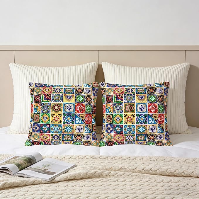 Mexican Talavera Tile Throw Pillow Covers 18x18 Set of 2, Colorful Boho Floral Pillowcases, Soft Square Cushion Covers for Couch Sofa Living Room Bedroom Farmhouse, Spring Easter Mexican Home Decor