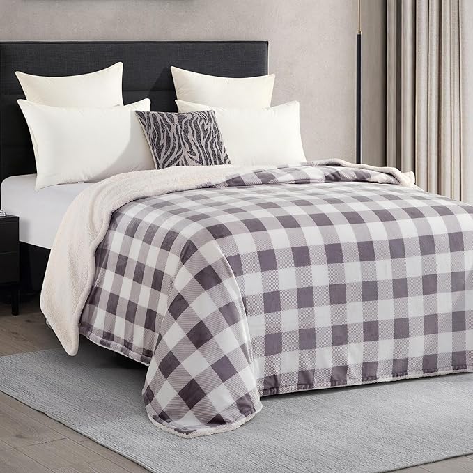 Elegant Comfort Ultra Soft Reversible Buffalo Plaid Flannel Sherpa Blanket - Cozy Silky Checkered Fleece Throw for Couch, Bed - Plush Fuzzy Warm Winter Blanket for Gift, King, Gray