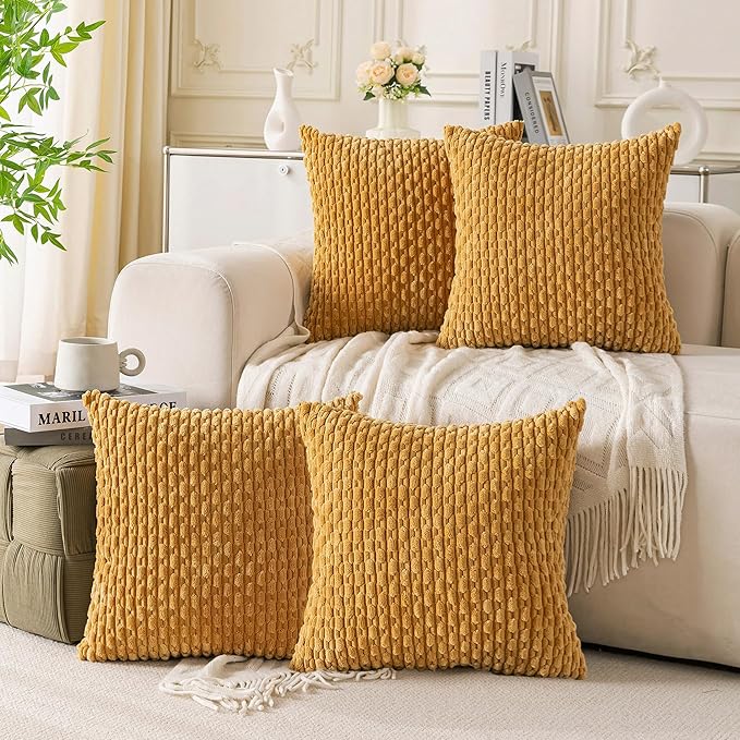 Set of 4 Mustard Yellow Decorative Throw Pillow Covers 24x24 Inch Corduroy Pillow Covers for Bed Couch Sofa Living Room Soft Square Cushion Cases