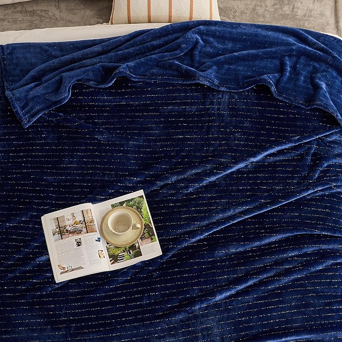 Super Soft Flannel Throw Blanket 50x60 Inches, Premium Gold Glitter Stripes Silky Fleece Lightweight Bed Blanket All Season Use, Navy Blue, 50"x60"