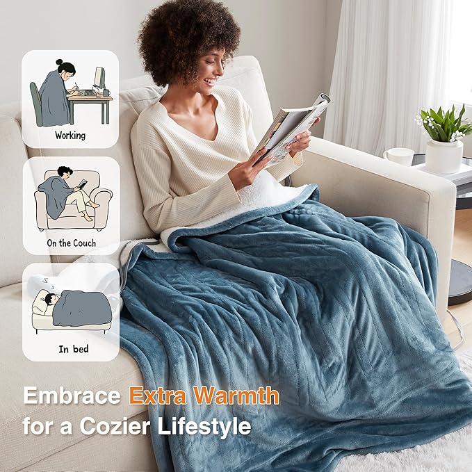 Beautyrest Heated Blanket, Eletric Throw Blanket, Soft, Warm, Reversible Plush - Sherpa Heating Blanket Throw for Office, Couch, 3 Heat Settings, 2 hr Auto Shut Off, Machine Washable, 50 x 60 Blue