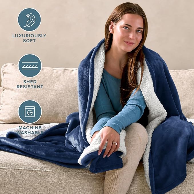 Bare Home Sherpa Fleece Blanket - Twin/Twin Extra Long - Blanket for Bed, Sofa, and Couch - Warm & Lightweight - Fluffy & Soft - Reversible (Twin/Twin XL, Dark Blue)