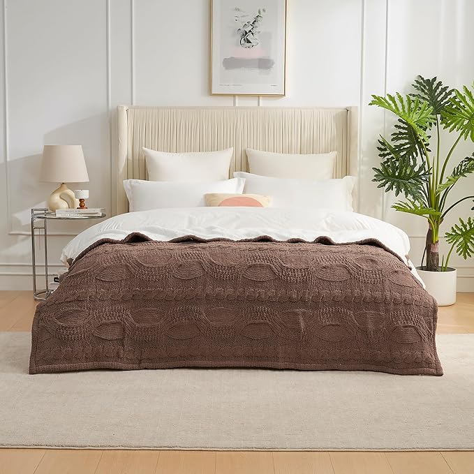 Amélie Home Cable Knit Throw Blanket for Couch Twin, Chenille Sherpa Soft Cozy Throw Blankets for Sofa Chair Comfortable Home, 60"x80", Brown