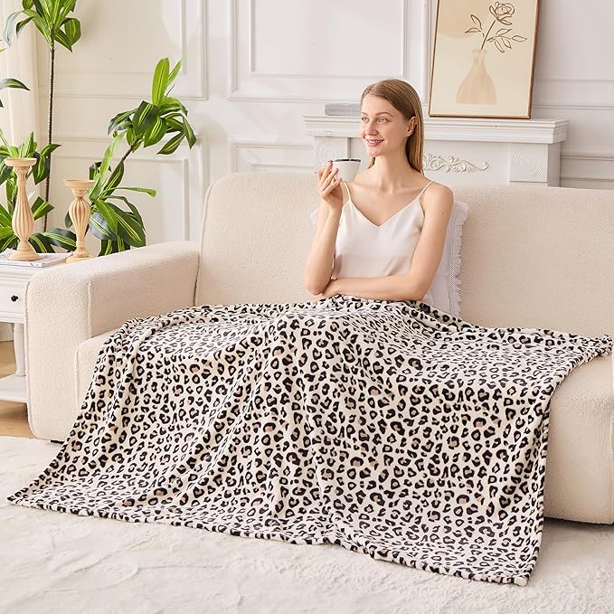 Leopard Print Blanket Fleece Throw for Bed Sofa Travel and Camping, Super Soft Cozy Fluffy Plush Cheetah Print Blanket for All Seasons 50"x60" (Cream)