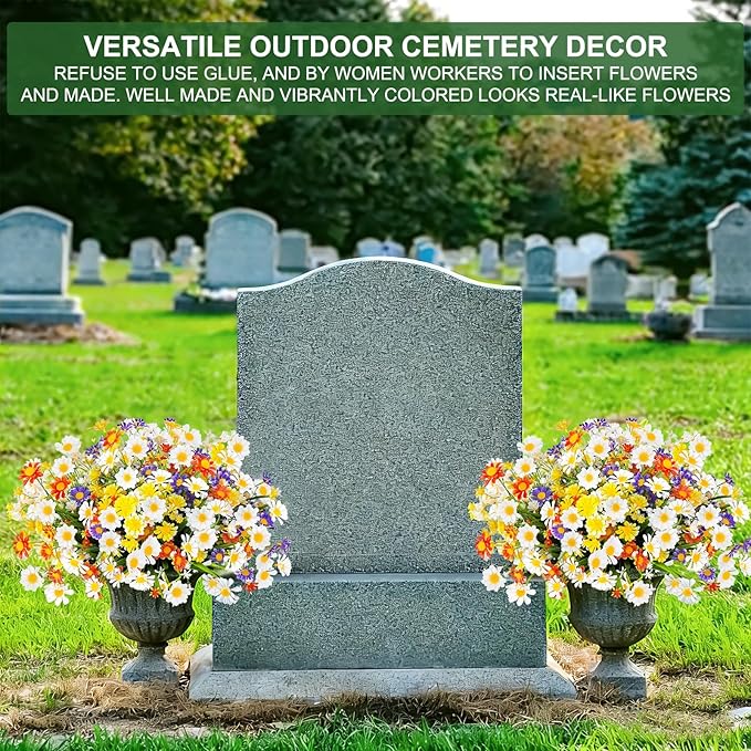 8 Bundles Artificial Daisy Flowers Outdoors Summer Decor, UV Resistant No Fade Fake Flowers Faux Plastic Greenery Shrub Plants for Hanging Gardens Window Box Porch Spring Cemetery Décor(Mix 4 Colors)