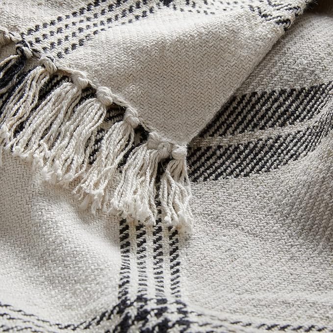 Americanflat 50x60 Throw Blanket - Soft and Breathable Cotton Throw Blanket for Couch, Bed, Chair - Decorative Blankets Perfect for Home, Office, or Outdoor Use - Black and Beige Plaid Design