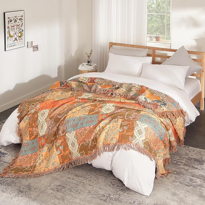 Boho Throw Blanket for Bed 60”x80”, 100% Cotton Woven Blanket for Couch Sofa, Ultra Soft 4-Layer Muslin Quilt with Patchwork Floral Printed, Farmhouse Bed Blanket/Cover for Living Room Decor