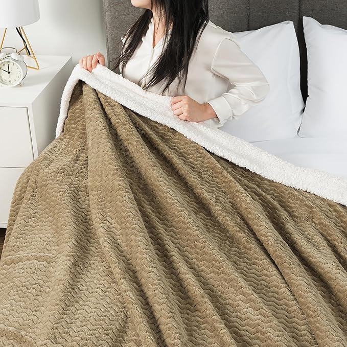 PAVILIA Tan Taupe Couch Blanket Throw Reversible Sherpa Chevron, Soft Cozy Jacquard Weave Textured Blanket Sofa Bed, Thick Warm Large Fleece Car Blanket, Decorative Plush Home Decor, 50x60 Beige Camel