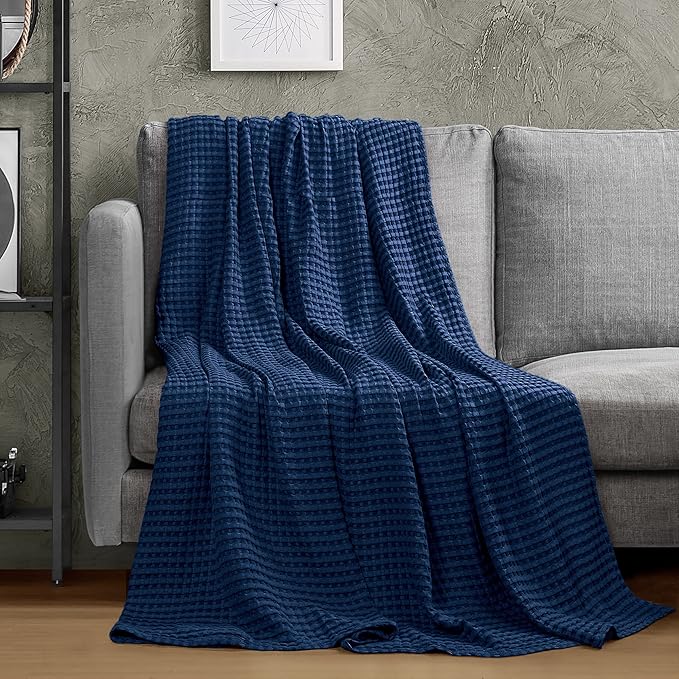 Utopia Bedding Navy 100% Cotton Waffle Blanket 300 GSM [Queen - 90x90 Inch] Soft Lightweight Breathable Bed Blanket for All Season