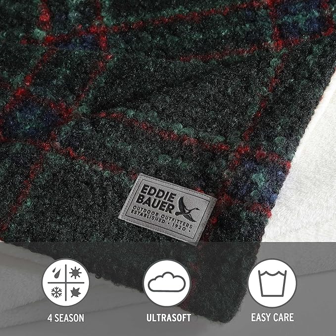 Eddie Bauer - Throw Blanket, Soft & Textured Boucle Bedding with Faux Fur Reverse, Blanket for Couch & Bed (Tarrytown Plaid Green, 50" x 70")