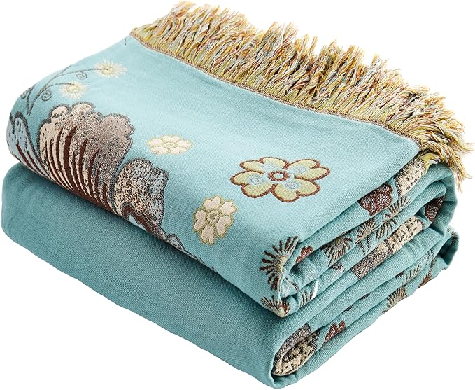 Boho Throw Blanket 80" x 90", 100% Organic Cotton Breathable Skin-Friendly Ultra Soft Bed Quilt Blue Throw - Floral Rustic Decor Luxury Reversible Blanket for Sofa Couch Chair and Gift,