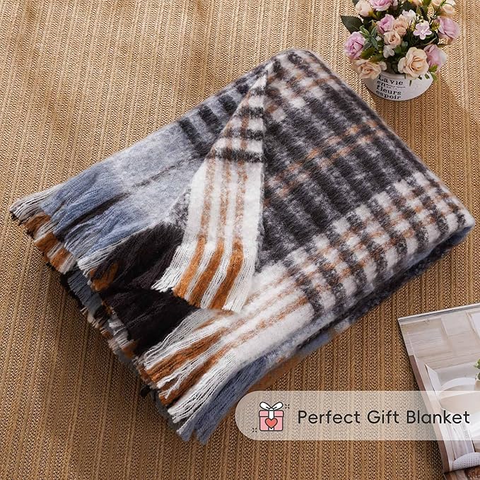 BATTILO Plaid Throw Blanket for Couch Bed, Soft Mohair Tartan Plaid Blanket, Farmhouse Style Checkered Pattern, Bluish Grey Throw Blankets for Home Decor(50"x60")