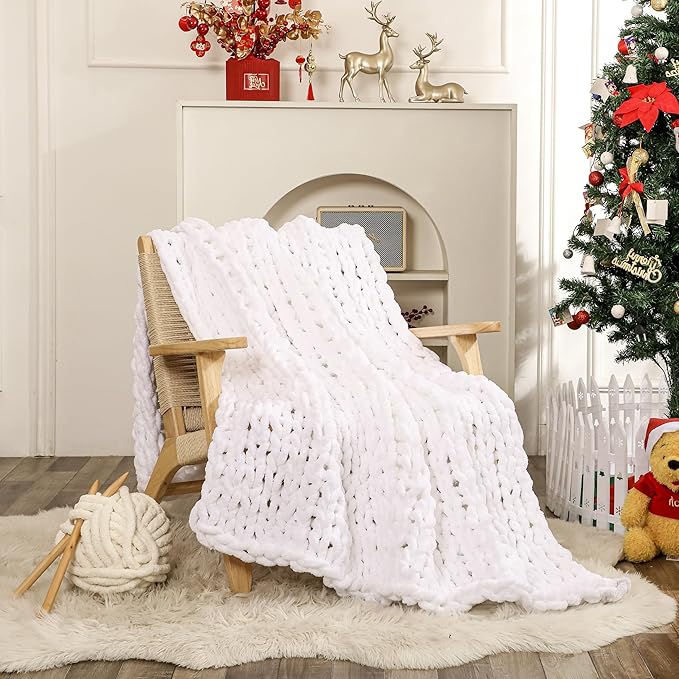 WESHIONGOO Chunky Knit Blanket Throw Knitted Throw Blankets for Couch Bed Fluffy Soft Blanket with Jumbo Chenille Yarn Thick 100% Handmade (White, 51"×63")