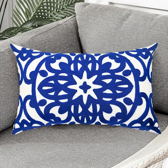 Alysheer Embroidered Lumbar Decorative Throw Pillow Cover 12"x 20", Classic Boho Mandala Embroidery Pattern Cotton Rectangular Cushion Case for Sofa Couch Living Room Bedroom (Royal Blue)