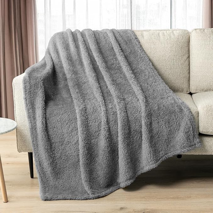 PAVILIA Sherpa Throw Blanket for Couch Sofa, Grey Fluffy Warm Plush Blanket for Bed, Cozy Super Soft Lightweight Throw, Fuzzy Decorative Blanket, All Season Home, 50x60