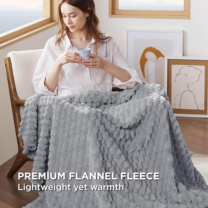 Bedsure Light Grey Throw Blanket for Couch - 350GSM Fluffy Plush Bubble Blanket for Bed Home Room Decor, GentleSoft Cute Fleece Soft Cozy Gifts for Women Girls, 50x60 Inches