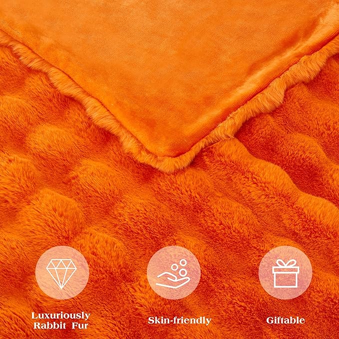 JONIYEAR Large Solid Fall Bubble Faux Rabbit Fur Bed Blanket Full Size 70" x 80", Decorative Puffy Big Warm Fuzzy Blanket for Winter,Extra Thick Shaggy Cozy Comfy Fluffy Blankets for Adult Kid, Orange