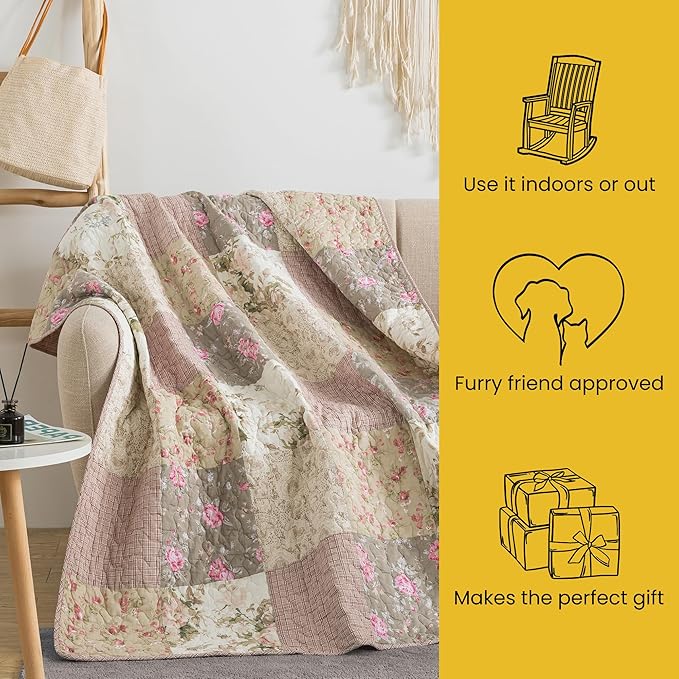 SLPR Cotton Quilted Throw Blanket, 50" x 60" Floral Farmhouse Patchwork Quilt, Shabby Chic Patchwork Throw Lap Quilt for Couch, Secret Garden