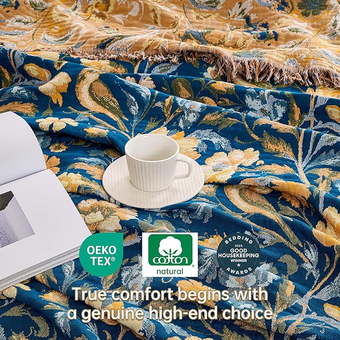 Boho Throw Blanket, 100% Organic Cotton Breathable Ultra Soft 50" x 60" Bed Quilt Blue Throw - All Season Bird Floral Rustic Farmhouse Decor Reversible Blanket for Couch Chair and Gift