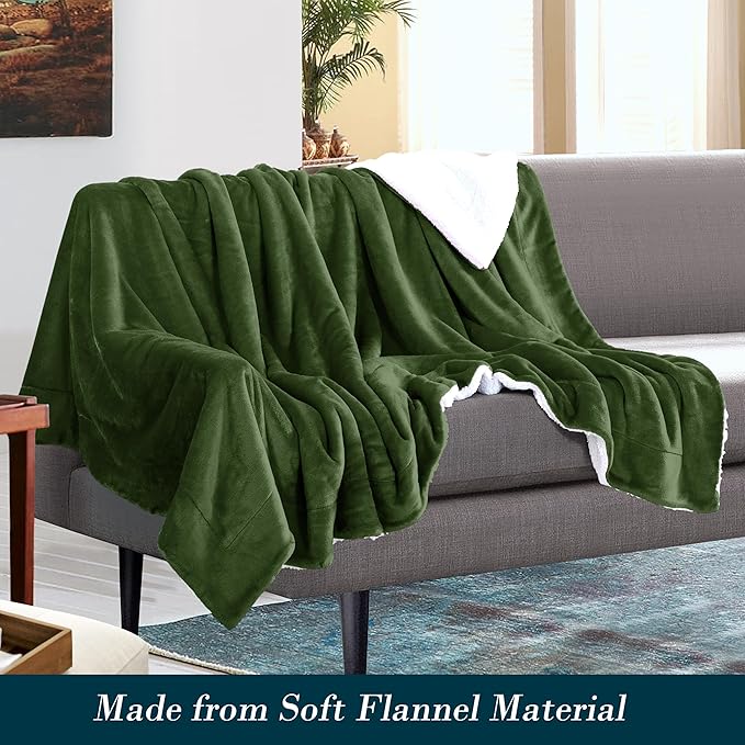 Mocassi Premium Ultra-Soft Flannel Fleece Sherpa Throw Blanket - Warm Cozy Reversible Plush Micromink Blanket for Couch, Bed and Sofa - Fluffy, Christmas Winter Bedding Gift, Full, Sage
