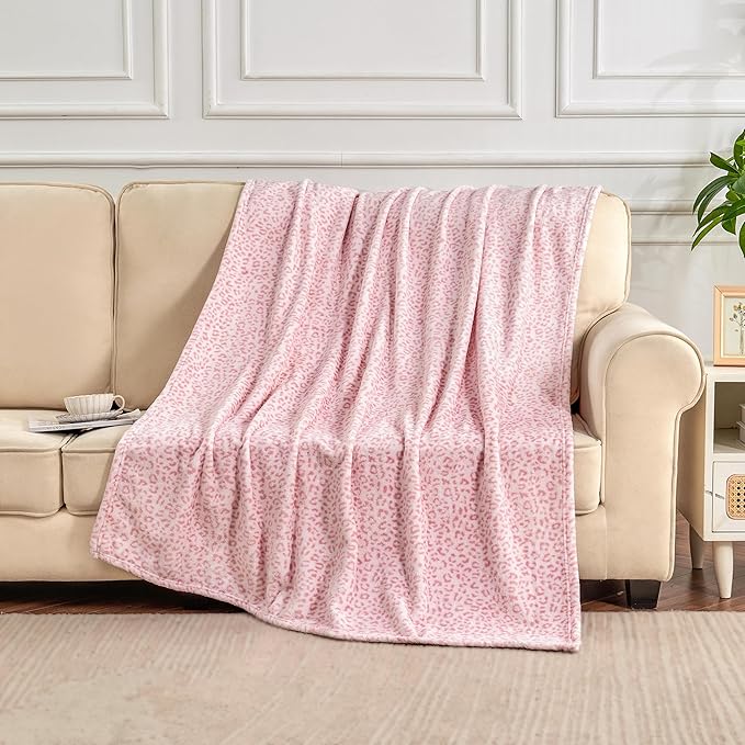 Leopard Print Blanket Fleece Throw for Bed Sofa Travel and Camping, Super Soft Cozy Fluffy Plush Cheetah Print Blanket for All Seasons 60"x80"(Light Pink)