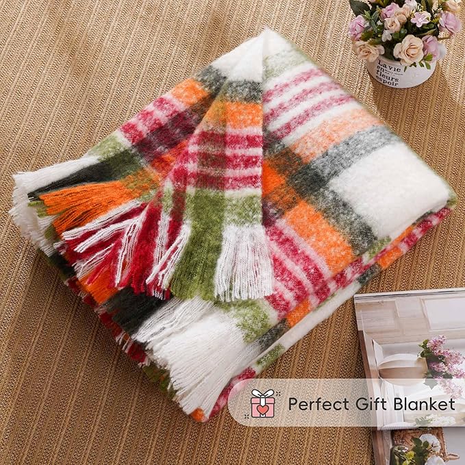 BATTILO Christmas Red Plaid Throw Blanket for Couch Bed, Soft Mohair Tartan Plaid Blanket, Farmhouse Style Checkered Pattern, Red Green Throw Blankets for Home Decor(50"x60")