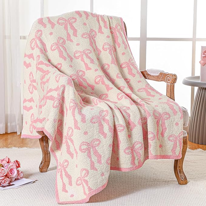 Buryeah Pink Bow Blanket Soft Microfiber Double Sided Bow Throw Blanket 50"x 60" Coquette Aesthetic Plush Bedding Stuff Sofa Chair Dormitory Room Decor for Women, Wedding Bridesmaid Gifts, Mother