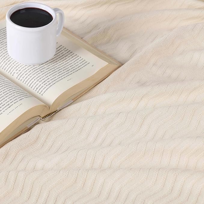 Superior JENA Cotton Blanket, for Picnic, Beach, Traveling or Camping, Bedroom Decor, Essentials, Cover for Bed, Couch, Lounging, Textured Jacquard, Modern Chevron Woven Blanket, Full/Queen, Ivory