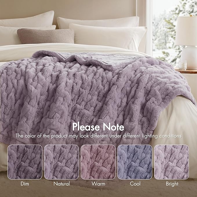 Madison Park Ruched Faux Fur Luxury Throw Lavender 50*60 Premium Soft Cozy Brushed Long Faux Fur For Bed, Coach or Sofa
