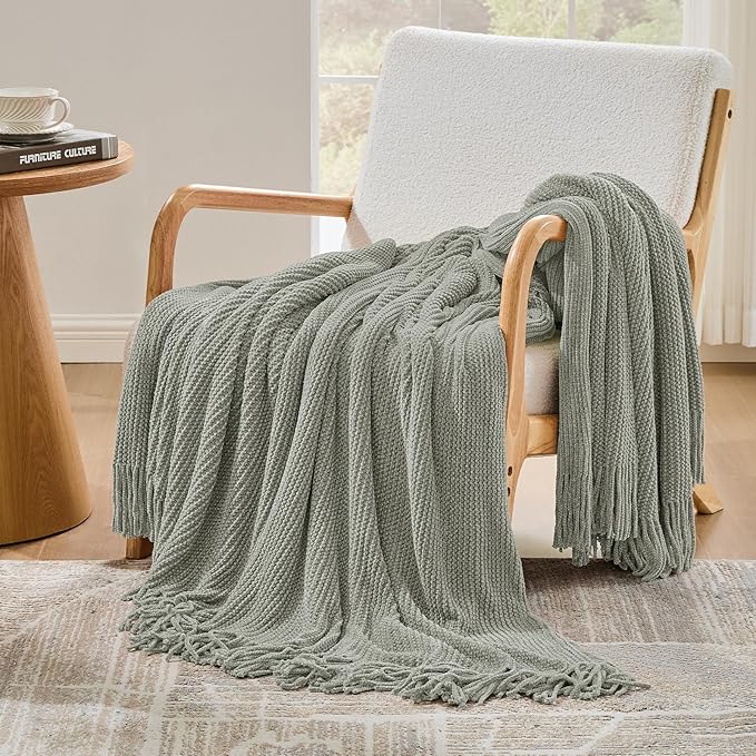 inhand Throw Blanket for Couch Bed,Chunky Chenille Woven Soft Blankets with Tassels, Cozy Boho Farmhouse Fall Winter Decor,Warm for Women,60"x80",Extra Thick-Light Grey