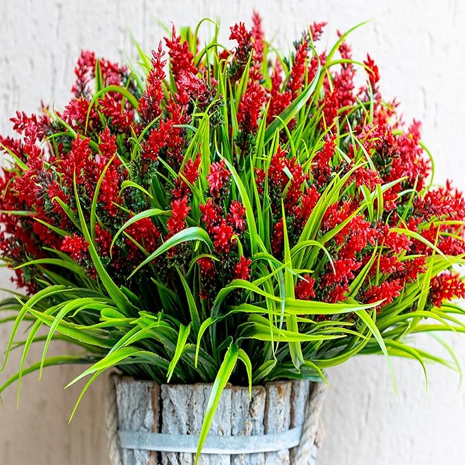 Artificial Flowers for Outdoors Plants - 20 Bundles Fake Lavender Plastic Faux Monkey Grass UV Resistant for Home Decorations (20, Red)