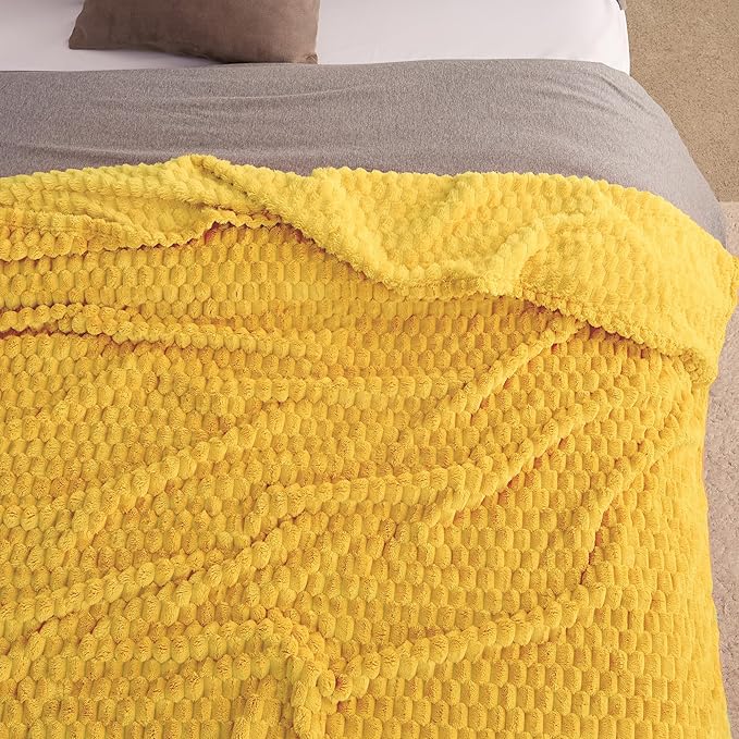 Super Soft Fleece King Size Blanket 90x90 Inches for Bed, Premium Silky with 3D Imitation Turtle Shell Jacquard Decorative Blankets, Lightweight and Cozy for Living Room.Yellow