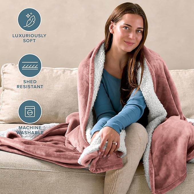 Bare Home Sherpa Fleece Blanket - Twin/Twin Extra Long - Blanket for Bed, Sofa, and Couch - Warm & Lightweight - Fluffy & Soft - Reversible (Twin/Twin XL, Old Rose)