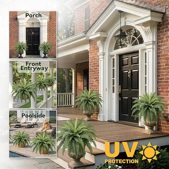 Fake Ferns, 35IN Large Fake Bush Plants, 2 Artificial Boston Ferns with 39 Fronds for Outdoor Hanging Planter Garden Porch Entrance Home Decor