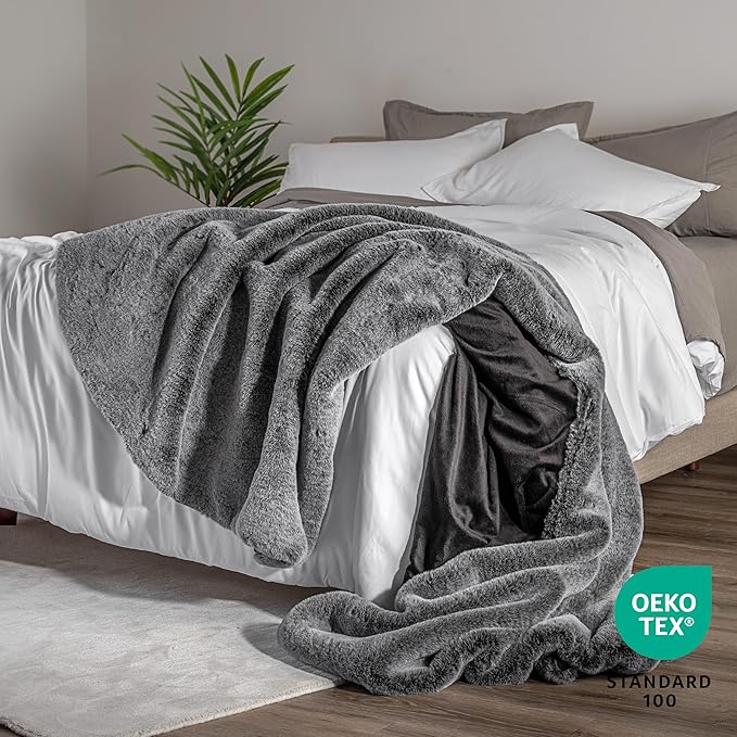 Bare Home Faux Fur Throw Blanket - Ultra-Soft Luxurious - Cozy Warm Blanket for Couch, Sofa, Chair, Bed - Fuzzy Fluffy Super Soft - Decorative Bed Blanket, 60x47 inches (Variegated Grey)