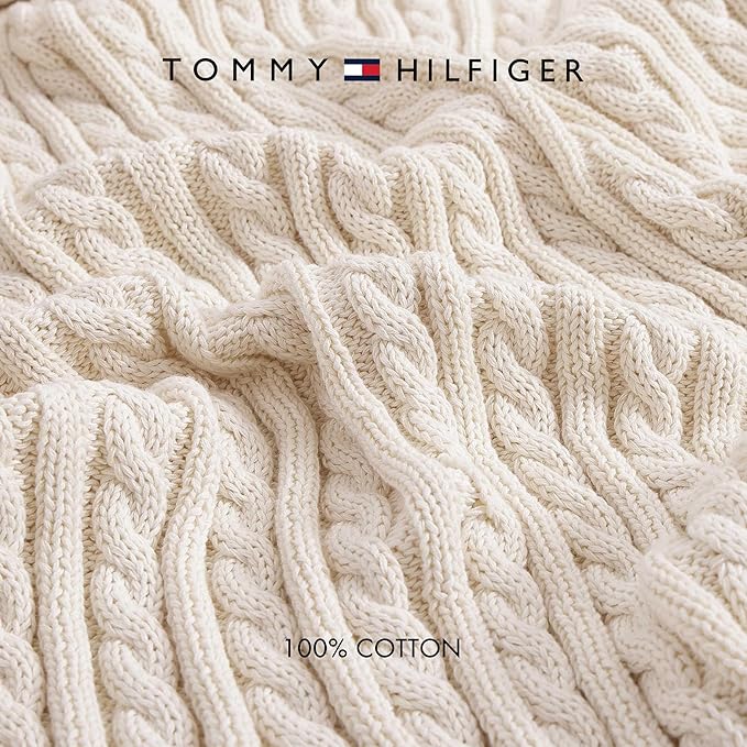 Tommy Hilfiger - Blanket, Ultra-Soft Cable Knit Throw Blanket for Bed or Couch, Lightweight Bedding with a Soft Textured Feel & Iconic Flag Logo (Off-White, 50" x 70")