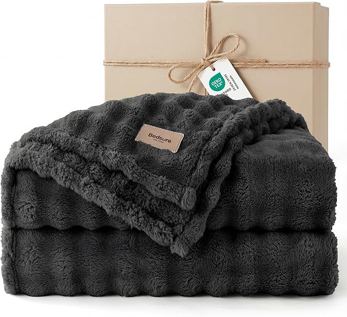 Bedsure 3D Fleece Bubble Blanket - GentleSoft Grey Queen Blanket for Bed Sofa Room Decor - Luxury Soft Cozy Gifts for Women, Lightweight, All Seasons, Dark Grey, 90"×90"