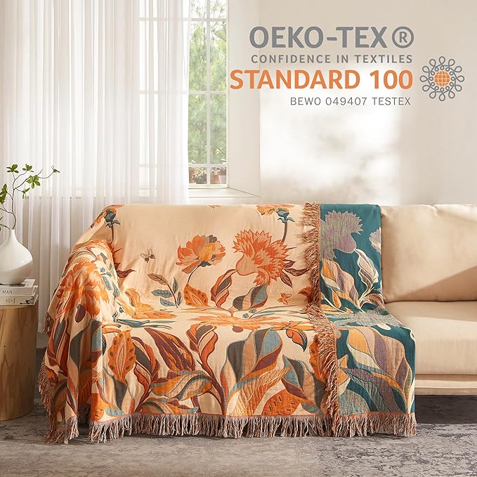 Boho Throw Blanket for Bed 90”x98”, 100% Cotton Woven Blanket for Couch Sofa, Ultra Soft 4-Layer Muslin Quilt with Floral Printed, Farmhouse Bed Blanket/Cover for Living Room Decor