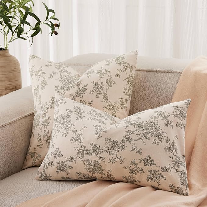 100% Cotton French Pastoral Throw Pillow Covers Set of 2, 18x18 Inch Green Farmhouse Decorative Cushion Covers for Sofa Bed Living Room Home Decor