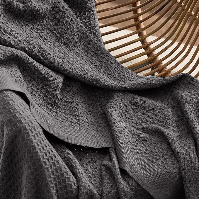 Bedsure Gentlesoft 100% Cotton Blanket Queen Size for Bed - Cooling Breathable and Soft for Spring Summer, Thick Cozy Waffle Weave Blanket Gifts for Women, Dark Grey, 90x90 Inches