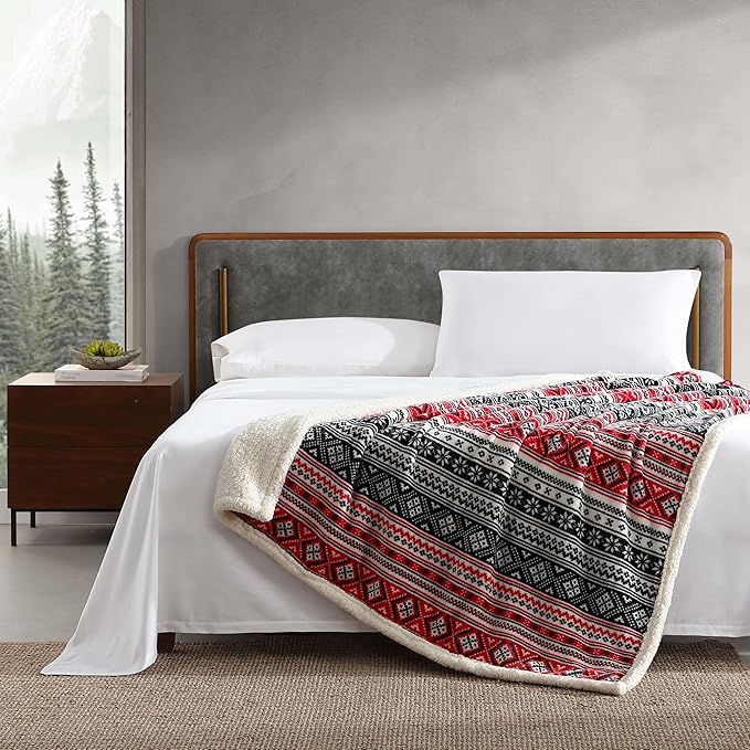 Eddie Bauer - Throw Blanket, Brushed Fleece & Plush Sherpa Soft Bedding, Blanket for Couch & Bed (Fair Isle Black, 50" x 60")