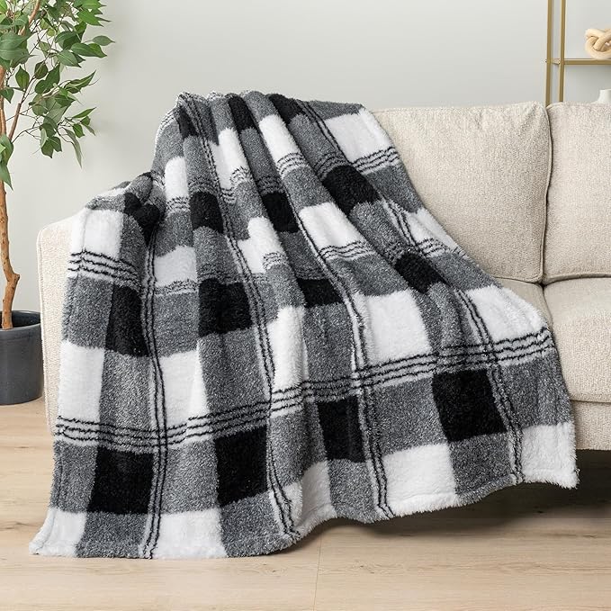 PAVILIA Sherpa Throw Blanket for Couch Sofa, White Black Fluffy Warm Plush Blanket for Bed, Cozy Super Soft Lightweight Throw, Fuzzy Decorative Blanket, All Season Home, 50x60