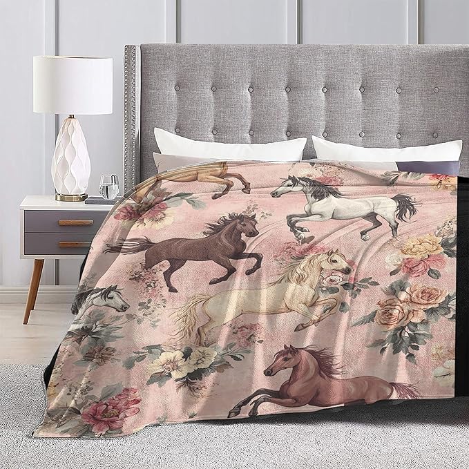 Horse Throw Blanket Soft Warm Cozy Horses Floral Blankets Fuzzy Plush Fleece Horse Blanket Gifts for Couch Bed Sofa Home Decor 40''X50''