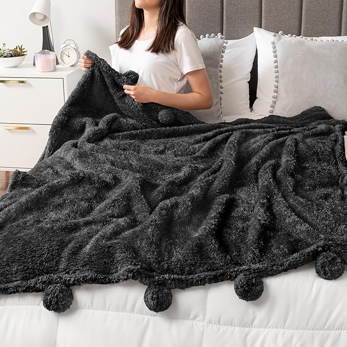 Pavilia Sherpa Throw Blanket - Warm Plush Fuzzy Pom Pom Blanket for Couch, Bed, Twin Size, Black - 60x80