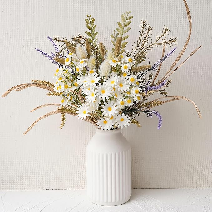 Artificial Flowers with White Ceramic Vase – Spring Farmhouse Floral Centerpiece Table Decorations, Faux Lavender & Daisy Flower Arrangement for Coffee Table, Dining Room, Living Room & Home Decor