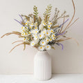 Artificial Flowers with White Ceramic Vase – Spring Farmhouse Floral Centerpiece Table Decorations, Faux Lavender & Daisy Flower Arrangement for Coffee Table, Dining Room, Living Room & Home Decor