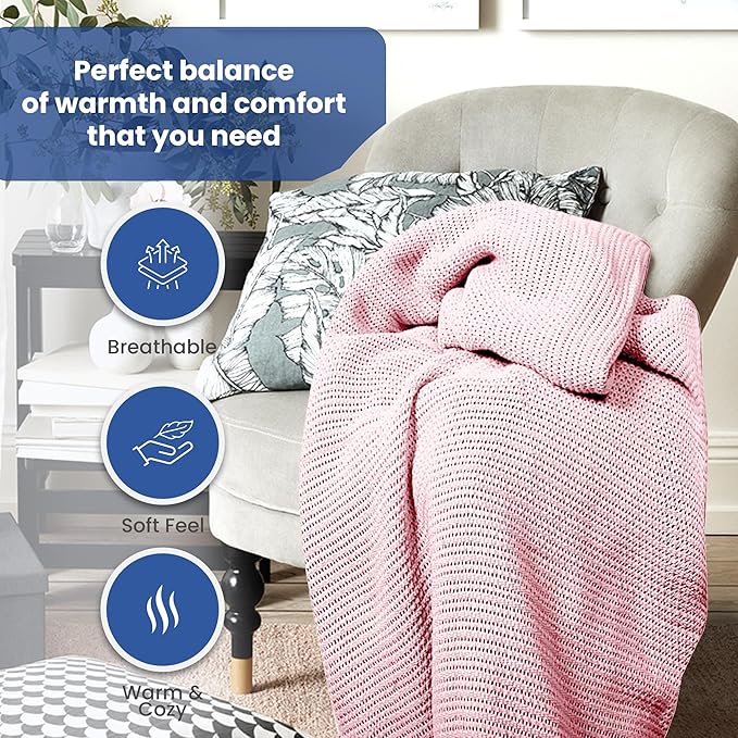 Linteum Textile Supply Leno Weave Rose Blanket, Queen 100% Cotton, Lightweight, Warm, Fluffy, Premium and Durable Soft & Cozy Bed Blanket for Home, Couch, Sofa & Dorm, All Season Throw [90x90]